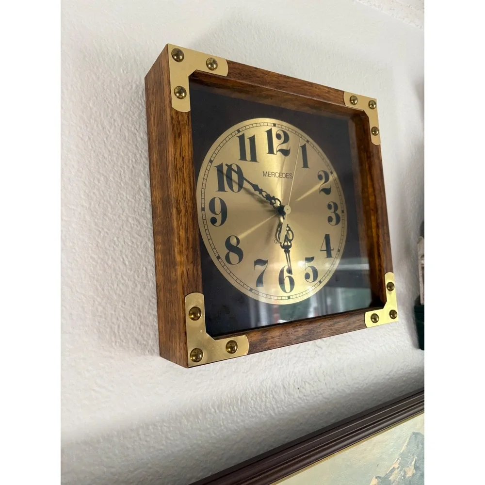 Vintage Mercedes Quartz Wall Clock Wood Brass Campaign Style Square Gold Dial